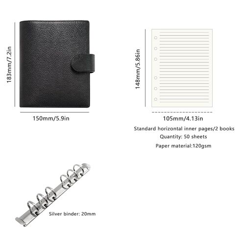 ZYZTFO A6 Loose Leaf Notebook, Genuine Leather Lychee Pattern, 100 Sheets, 6-Ring Binding, Classic Style, 5.9x7.2 Inches in Saudi Arabia
