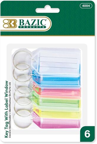 BAZIC Key Tag Label Window, Assorted Color Tags, Plastic Key Holder Key Ring, Identifier Name Number Address Information Label Card (6/Pack), 1-Pack in Kuwait