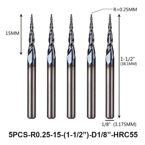 5pcs/Lot Tapered Ball Nose Spiral End Mill Tungsten Solid Carbide 3.175mm Nano Coating CNC Router Bits Taper Wood Metal Milling Cutter(5PC R0.25 D3.1 HRC55) in Saudi Arabia