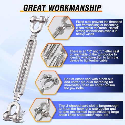 وصلة ربط المقطورة 3/8 M10 304 من الفولاذ المقاوم للصدأ، حد تحميل العمل 3200 رطل، شدادات الفك والفك للكابلات، شداد حبل الأسلاك، وصلة ربط المقطورة لشراع الظل، حبل شد للساح (عبوة من قطعتين) in Kuwait