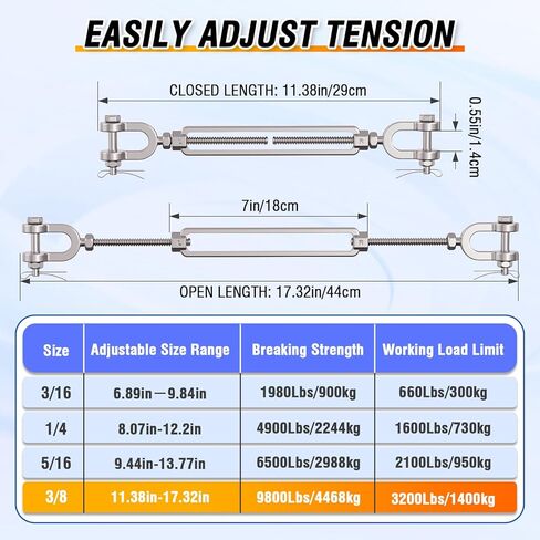 وصلة ربط المقطورة 3/8 M10 304 من الفولاذ المقاوم للصدأ، حد تحميل العمل 3200 رطل، شدادات الفك والفك للكابلات، شداد حبل الأسلاك، وصلة ربط المقطورة لشراع الظل، حبل شد للساح (عبوة من قطعتين) in Kuwait