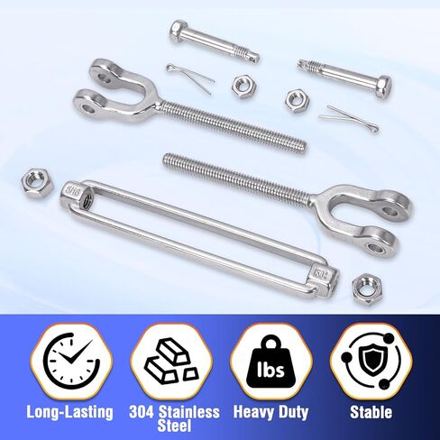 وصلة ربط المقطورة 3/8 M10 304 من الفولاذ المقاوم للصدأ، حد تحميل العمل 3200 رطل، شدادات الفك والفك للكابلات، شداد حبل الأسلاك، وصلة ربط المقطورة لشراع الظل، حبل شد للساح (عبوة من قطعتين) in Kuwait