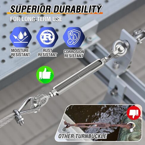 وصلة ربط المقطورة 3/8 M10 304 من الفولاذ المقاوم للصدأ، حد تحميل العمل 3200 رطل، شدادات الفك والفك للكابلات، شداد حبل الأسلاك، وصلة ربط المقطورة لشراع الظل، حبل شد للساح (عبوة من قطعتين) in Kuwait