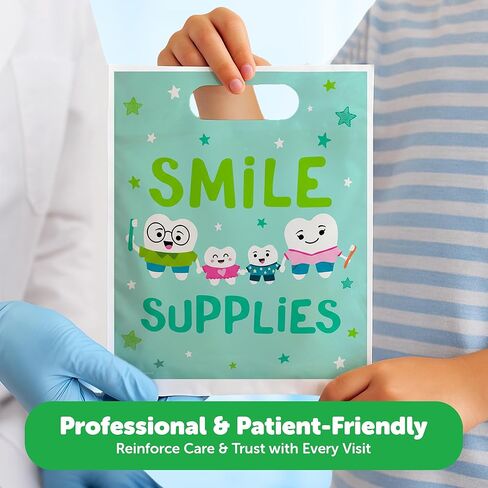 100 قطعة من أكياس هدايا الأسنان الناعمة المخالب - تصميم أسنان "احتفل بابتسامتك"، أكياس بلاستيكية للأسنان مقاس 9 × 7.5 بوصة بمقابض، حقائب هدايا للعناية بالمرضى لمكتب طبيب الأسنان، صنع في الولايات المتحدة الأمريكية in Saudi Arabia