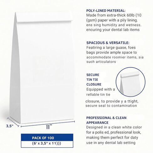Dental Lab Delivery Bags - Pack of 100 White Poly-Lined 6"x3.5"x11" Extra Thick Paper Bags with Tin Tie Closure - Secure & Professional Packaging in Kuwait