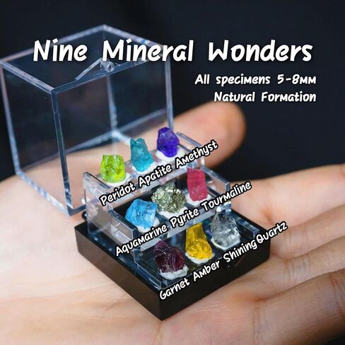 9 Rare Natural Gemstone Collection Gift Box-Peridot, Apatite & 7 Exquisite Minerals-Square Acrylic Tiered Display Case - Ideal Birthday & Christmas Gifts for Mineral Enthusiasts,Geography Enthusiast in Kuwait