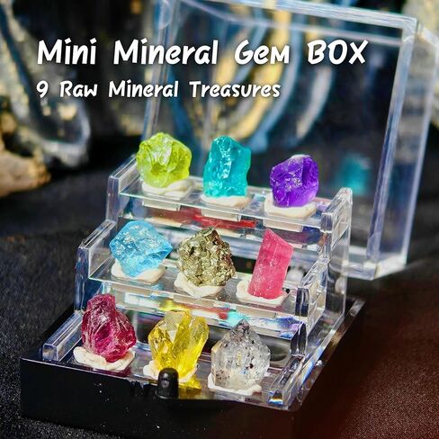 9 Rare Natural Gemstone Collection Gift Box-Peridot, Apatite & 7 Exquisite Minerals-Square Acrylic Tiered Display Case - Ideal Birthday & Christmas Gifts for Mineral Enthusiasts,Geography Enthusiast in Kuwait