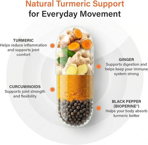 مكمل الكركمين الكركم من كم ستارز مع الزنجبيل والفلفل الأسود بيوبيرين، مكملات المفاصل للرجال والنساء، دعم المفاصل وتخفيف الالتهاب، غير معدل وراثيًا، خالي من الغلوتين ونباتي، 1000 مجم 60 كبسولة in Kuwait