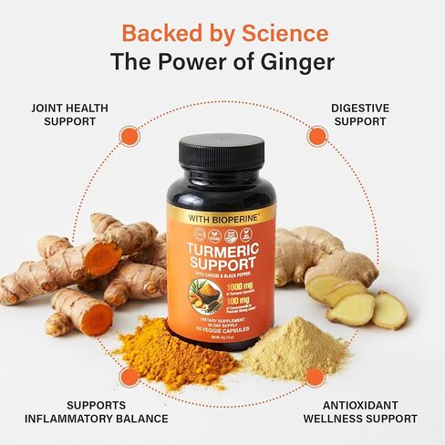 مكمل الكركمين الكركم من كم ستارز مع الزنجبيل والفلفل الأسود بيوبيرين، مكملات المفاصل للرجال والنساء، دعم المفاصل وتخفيف الالتهاب، غير معدل وراثيًا، خالي من الغلوتين ونباتي، 1000 مجم 60 كبسولة in Kuwait