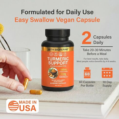 مكمل الكركمين الكركم من كم ستارز مع الزنجبيل والفلفل الأسود بيوبيرين، مكملات المفاصل للرجال والنساء، دعم المفاصل وتخفيف الالتهاب، غير معدل وراثيًا، خالي من الغلوتين ونباتي، 1000 مجم 60 كبسولة in Kuwait