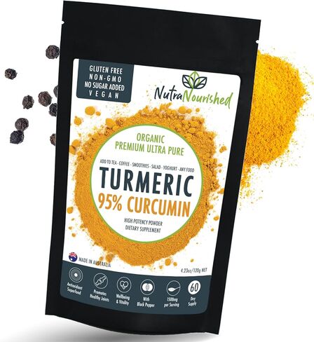 Organic Turmeric 95% Curcumin Powder – 1500mg Extract with Black Pepper – Non-GMO, Vegan, Gluten-Free, Natural Supplement – 120g in Saudi Arabia