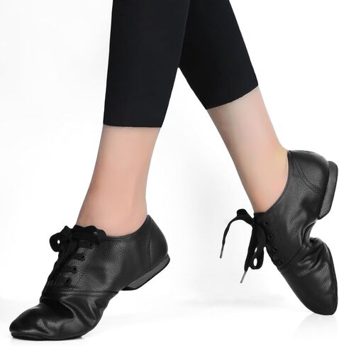 حذاء رقص الجاز بأربطة للنساء والفتيات، حذاء رقص الجاز بنعل مقسوم للنساء من الجنسين والبالغين باللون الأسود in Kuwait