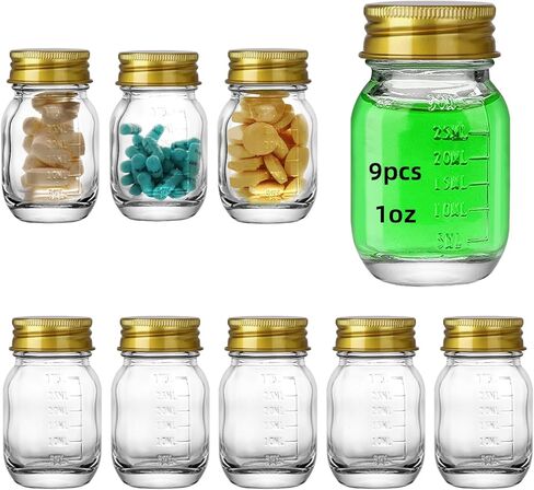 12Pcs Glass medicine bottles 1oz 30 ml Glass Reagent Bottles Transparent Sample Jar,Wide Mouth,Gold Cap with Scale for Home, Argent Lid (12) in Saudi Arabia