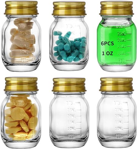 12Pcs Glass medicine bottles 1oz 30 ml Glass Reagent Bottles Transparent Sample Jar,Wide Mouth,Gold Cap with Scale for Home, Argent Lid (12) in Saudi Arabia