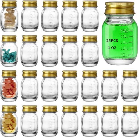 12Pcs Glass medicine bottles 1oz 30 ml Glass Reagent Bottles Transparent Sample Jar,Wide Mouth,Gold Cap with Scale for Home, Argent Lid (12) in Saudi Arabia