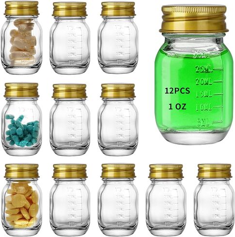 12Pcs Glass medicine bottles 1oz 30 ml Glass Reagent Bottles Transparent Sample Jar,Wide Mouth,Gold Cap with Scale for Home, Argent Lid (12) in Saudi Arabia