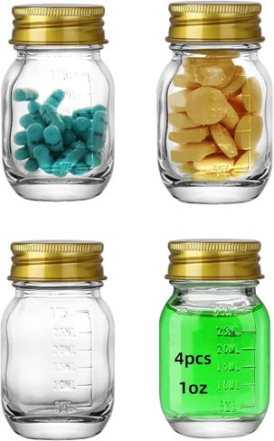 12Pcs Glass medicine bottles 1oz 30 ml Glass Reagent Bottles Transparent Sample Jar,Wide Mouth,Gold Cap with Scale for Home, Argent Lid (12) in Saudi Arabia