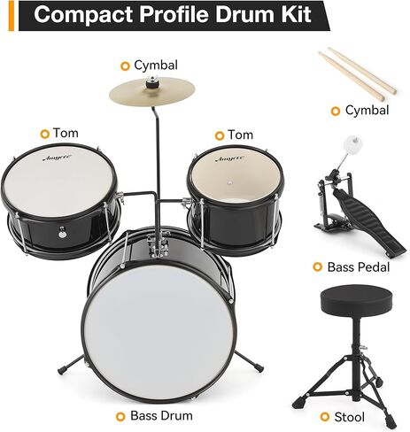 3 Piece Beginner Junior Drum Set with Tom-Tom Snare Bass Drum Cymbal Pedal Drumsticks and Throne Stool Durable Wood Metal Construction Ideal for Practice Learning and Gifts in Kuwait
