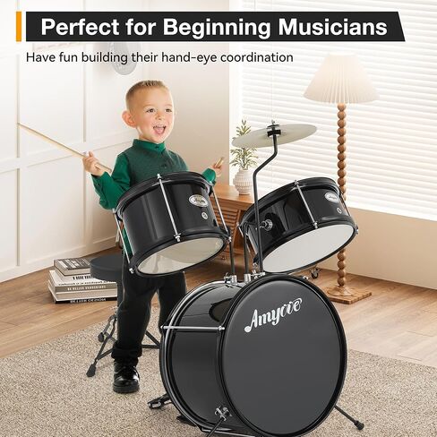 3 Piece Beginner Junior Drum Set with Tom-Tom Snare Bass Drum Cymbal Pedal Drumsticks and Throne Stool Durable Wood Metal Construction Ideal for Practice Learning and Gifts in Kuwait