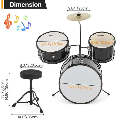 3 Piece Beginner Junior Drum Set with Tom-Tom Snare Bass Drum Cymbal Pedal Drumsticks and Throne Stool Durable Wood Metal Construction Ideal for Practice Learning and Gifts in Kuwait