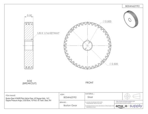 بوسطن جير H1640R تروس حلزونية عادية، حلزوني 45 درجة، زاوية ضغط 14.5 درجة، 0.500 تجويف، 16 خطوة، 40 سن، فولاذ، RH in Kuwait