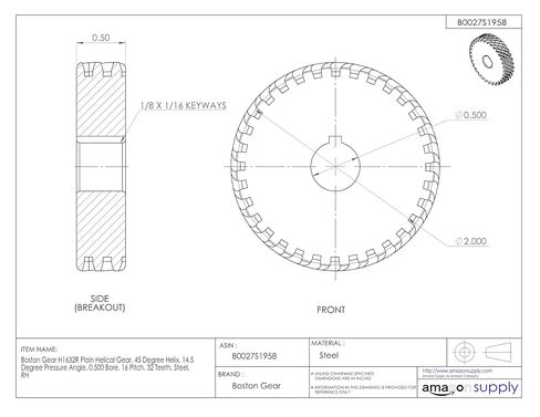 بوسطن جير H1632R تروس حلزونية عادية، حلزوني 45 درجة، زاوية ضغط 14.5 درجة، 0.500 تجويف، 16 درجة، 32 سن، فولاذ، RH in Kuwait