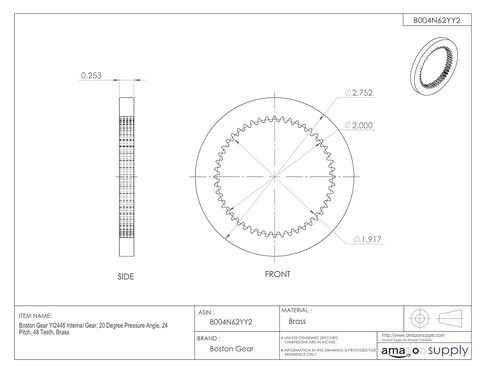 بوسطن جير YI2448 ترس داخلي، زاوية ضغط 20 درجة، 24 درجة، 48 سن، نحاس in Kuwait