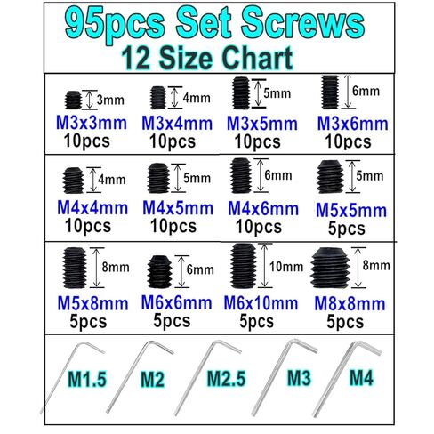 95pcs Set Screws Assortment Kit with Hex Wrench, Grub Screws M3 M4 M5 M6 M8 for Home Repair, Repair Furniture, Electronic Product, Install Door Lock, DIY, Fixtures, 12 Sizes in Kuwait