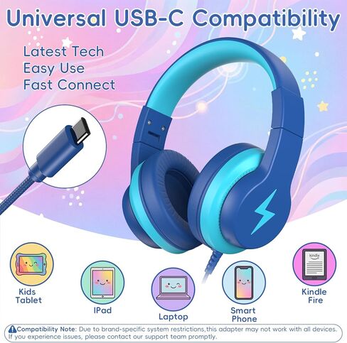 Kids Headphones for School, USB C Headphones for Kids, 85dB Safe Volume, HD Stereo Sound, Comfortable Fit, Adjustable & Foldable,Ideal for Learning/ Travel (Gradient Deep Pink, Without Microphone） in Kuwait