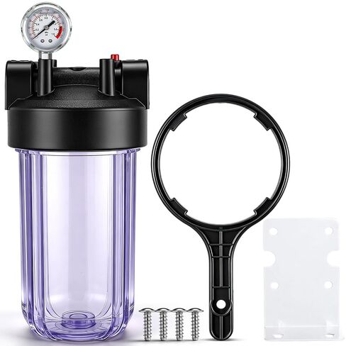 VIHOSE 4.5" x 10" Clear Whole House Water Filter Housing with Pressure Gauge Universal Sediment Water Filter System 1" Npt Brass Port, for Whole Home Pre-Filtration in Saudi Arabia