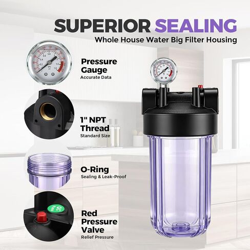 VIHOSE 4.5" x 10" Clear Whole House Water Filter Housing with Pressure Gauge Universal Sediment Water Filter System 1" Npt Brass Port, for Whole Home Pre-Filtration in Saudi Arabia