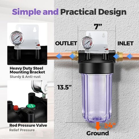VIHOSE 4.5" x 10" Clear Whole House Water Filter Housing with Pressure Gauge Universal Sediment Water Filter System 1" Npt Brass Port, for Whole Home Pre-Filtration in Saudi Arabia