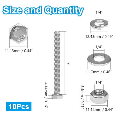 MroMax 10 Sets 1/4-20 x 3 Hex Head Screw Bolt, Nuts, Flat Washer & Spring Lock Washers Kits,Fully Threaded, Stainless Steel 18-8（304）, Bright Finish in Saudi Arabia