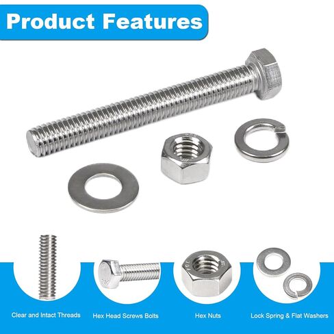 MroMax 10 Sets 1/4-20 x 3 Hex Head Screw Bolt, Nuts, Flat Washer & Spring Lock Washers Kits,Fully Threaded, Stainless Steel 18-8（304）, Bright Finish in Saudi Arabia