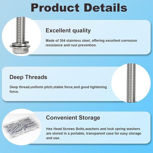 MroMax 10 Sets 1/4-20 x 3 Hex Head Screw Bolt, Nuts, Flat Washer & Spring Lock Washers Kits,Fully Threaded, Stainless Steel 18-8（304）, Bright Finish in Saudi Arabia