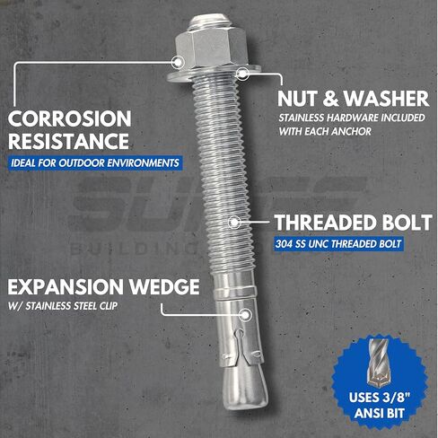 3/8 بوصة × 3-3/4 بوصة 304 مرساة إسفينية من الفولاذ المقاوم للصدأ للخرسانة والأسمنت | مسامير من الفولاذ المقاوم للصدأ شديدة التحمل مقاس 3/8 بوصة للتطبيقات الخارجية والساحلية (صندوق مكون من 50 قطعة) in Kuwait