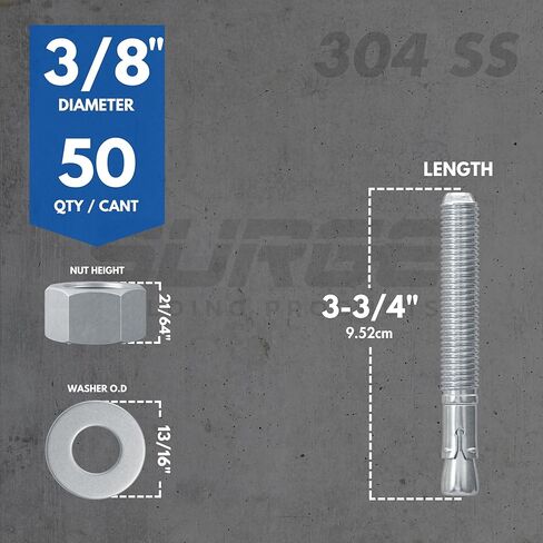 3/8 بوصة × 3-3/4 بوصة 304 مرساة إسفينية من الفولاذ المقاوم للصدأ للخرسانة والأسمنت | مسامير من الفولاذ المقاوم للصدأ شديدة التحمل مقاس 3/8 بوصة للتطبيقات الخارجية والساحلية (صندوق مكون من 50 قطعة) in Kuwait