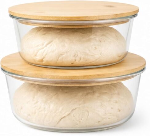 صندوق حماية عجينة البيتزا، حاوية تخزين بيتزا الطعام مع غطاء خشبي محكم، وعاء زجاجي قابل للتكديس، حاوية مقاومة للعجين المخمر، ملحقات صنع البيتزا، 950 مل و1300 مل، عبوتان، شفاف in Kuwait