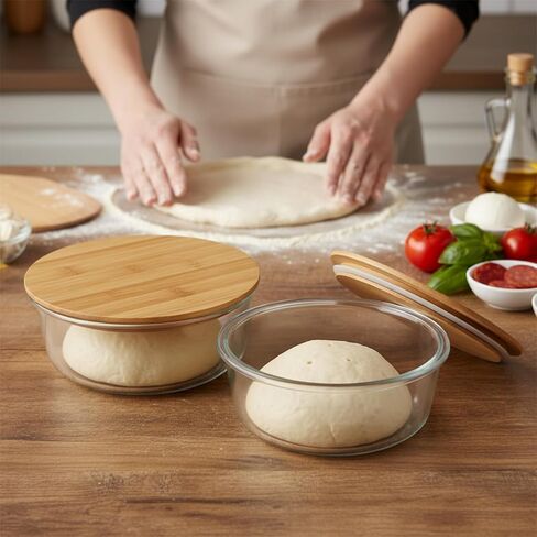 صندوق حماية عجينة البيتزا، حاوية تخزين بيتزا الطعام مع غطاء خشبي محكم، وعاء زجاجي قابل للتكديس، حاوية مقاومة للعجين المخمر، ملحقات صنع البيتزا، 950 مل و1300 مل، عبوتان، شفاف in Kuwait