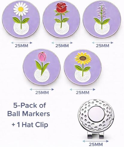 Flower Golf Ball Marker, Set of 5 with Magnetic Hat Clip – Iron Enamel Flower Golf Markers for Women – Daisy, Rose, Tulip, Sunflower & Lavender in Saudi Arabia
