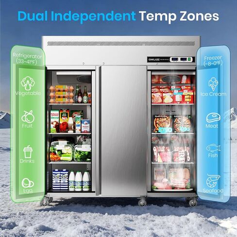 مجموعة ثلاجة بفريزر عمودي تجاري من Coolake، 72 بوصة ث مناطق درجة حرارة مزدوجة، 54 قدم مكعب من الفولاذ المقاوم للصدأ، 3 أبواب تصل إلى الفريزر لمطعم البار والمتجر والمطبخ والكنيسة المدرسية in Kuwait
