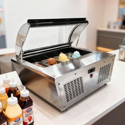Malphi 33 in. 4-Pan Countertop Ice Cream Display Freezer with Curved Glass Top, ETL Listed in Kuwait