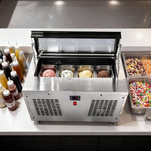 Malphi 33 in. 4-Pan Countertop Ice Cream Display Freezer with Curved Glass Top, ETL Listed in Kuwait