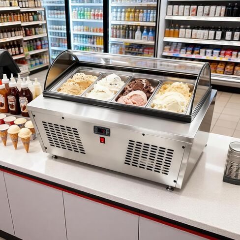 Malphi 33 in. 4-Pan Countertop Ice Cream Display Freezer with Curved Glass Top, ETL Listed in Kuwait