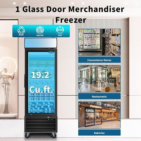 27" Commercial Upright Freezer with 1 Glass Door, 19 Cu.Ft Display Freezer, -8~-1℉, Reach-in Fan Cooling Freezer with 4 Shelves & LED Top Panel for Restaurant Diner Bar, ETL Approved in Saudi Arabia