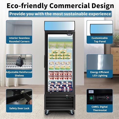 27" Commercial Upright Freezer with 1 Glass Door, 19 Cu.Ft Display Freezer, -8~-1℉, Reach-in Fan Cooling Freezer with 4 Shelves & LED Top Panel for Restaurant Diner Bar, ETL Approved in Saudi Arabia