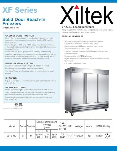 Xiltek 81" Commercial Three Door Freezer, All Stainless Steel, 72 cu.ft Reach-in Freezer for Restaurant, Bar, Shop, Food in Kuwait