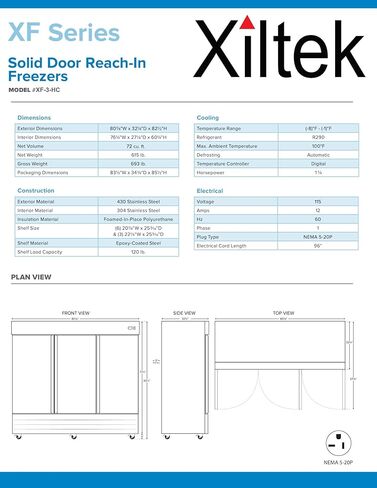 Xiltek 81" Commercial Three Door Freezer, All Stainless Steel, 72 cu.ft Reach-in Freezer for Restaurant, Bar, Shop, Food in Kuwait
