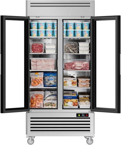 كوليك 36 قدم مكعب. فريزر العرض التجاري، 39.5 بوصة واط، فريزر تجاري من الفولاذ المقاوم للصدأ يمكن الوصول إليه مع بابين زجاجيين، فريزر تجاري تذويب تلقائي مع ضوء LED للمخابز والمتاجر in Kuwait