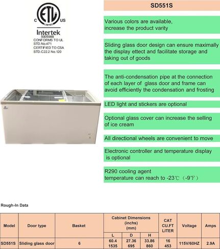 Chest Freezer Glass Door sliding Commercial Ice Cream Freezer 60" White Stand Alone Curve Display Top w Storage Baskets 17 Cu.FT sd551s in Kuwait